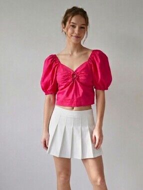 ​SIM & SAM Women's Size Large Hot Pink Fuschia Puff Sleeve Crop Top Smocked Back